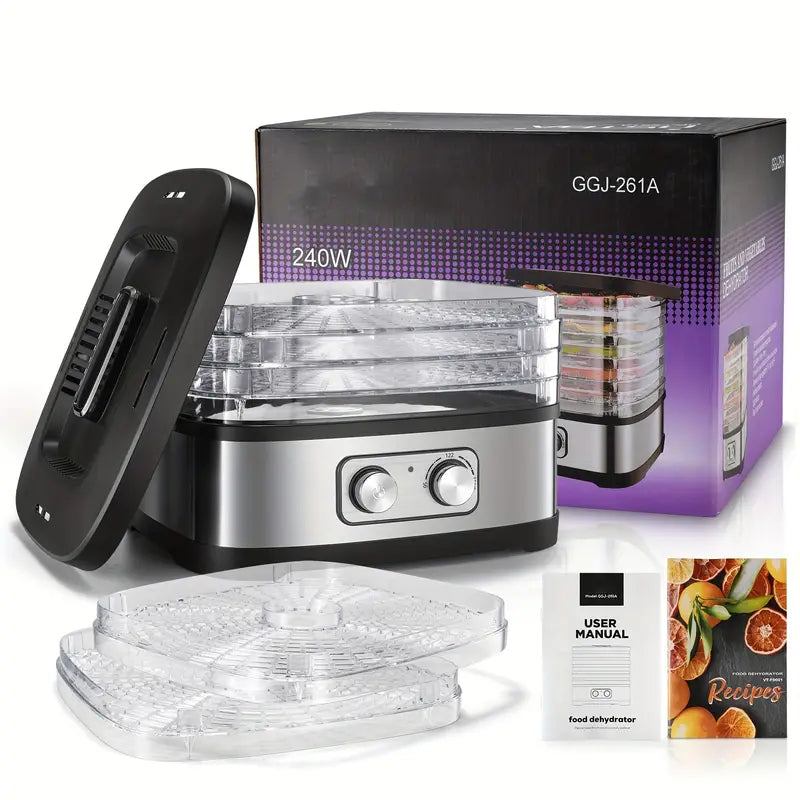 240W Stainless Steel Food Dehydrator with Temperature Control, 5 BPA-Free Trays, Dishwasher Safe Electric Dryer for Jerky,